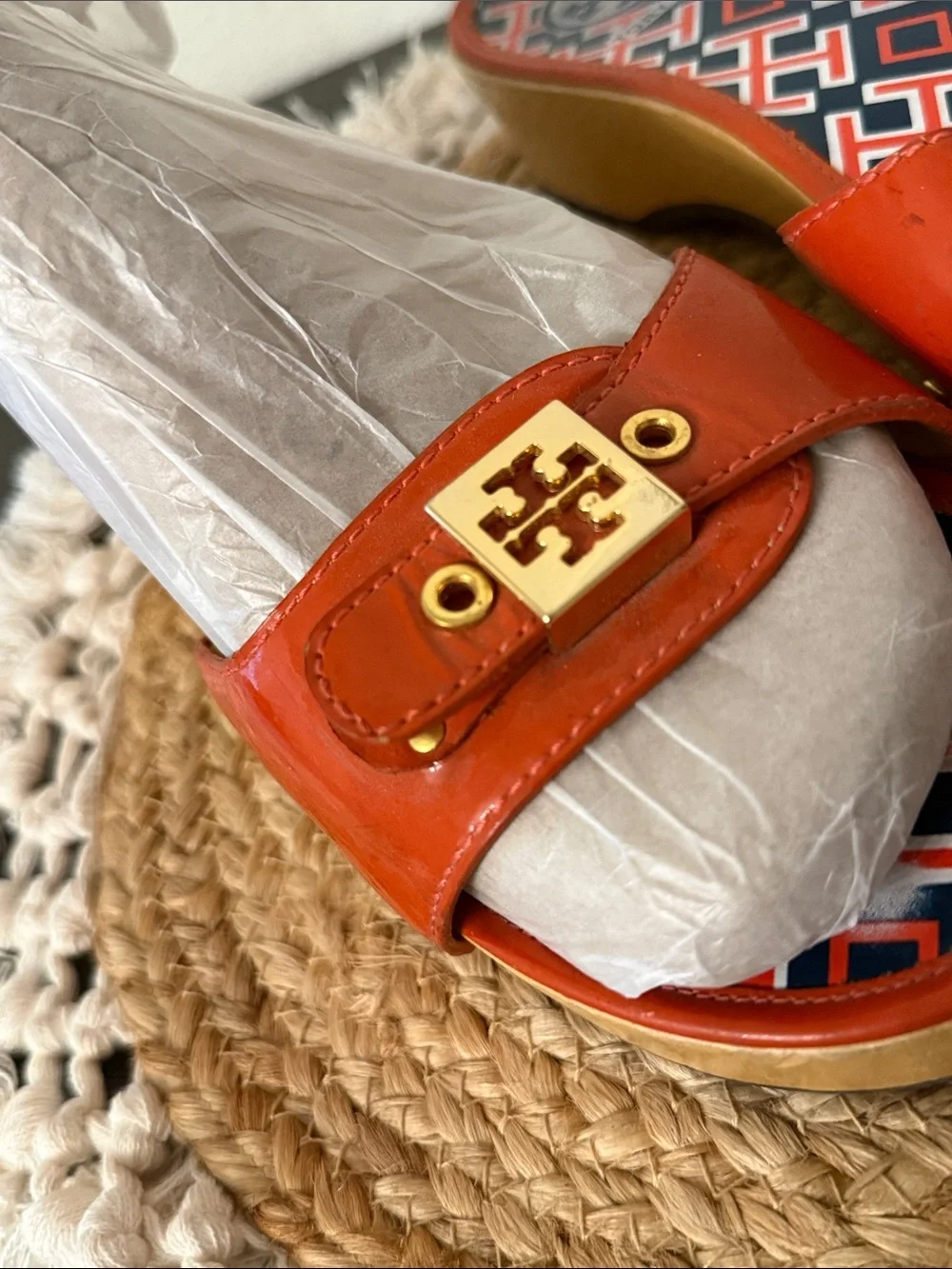 Tory Burch Orange Logo Patent Leather Wooden Platform Slide Sandals Size 8